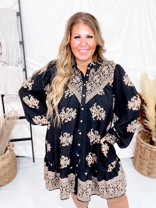 Black Border Printed Challis Long Sleeve Shirt Dress FINAL SALE