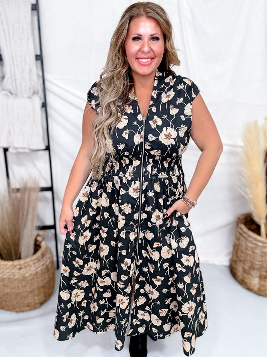 Black Poppy Print Zip Front Midi Dress