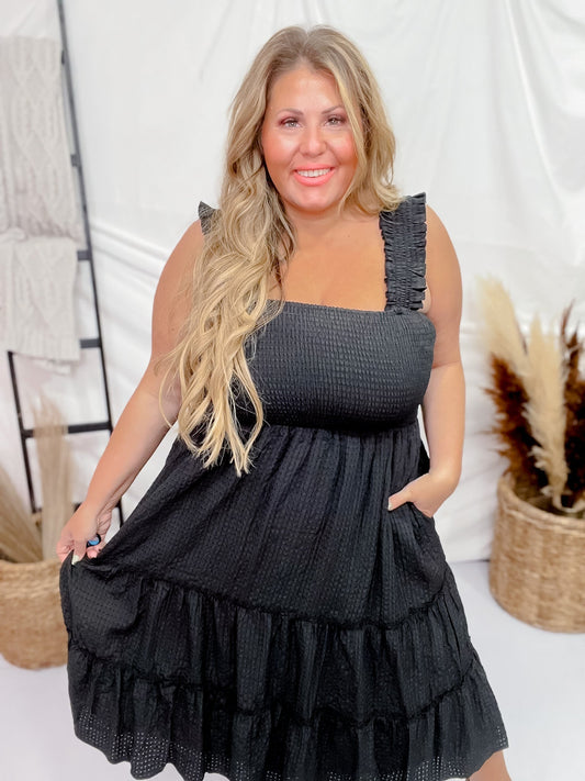 Black Jacquard Checker Print Tiered Midi Dress