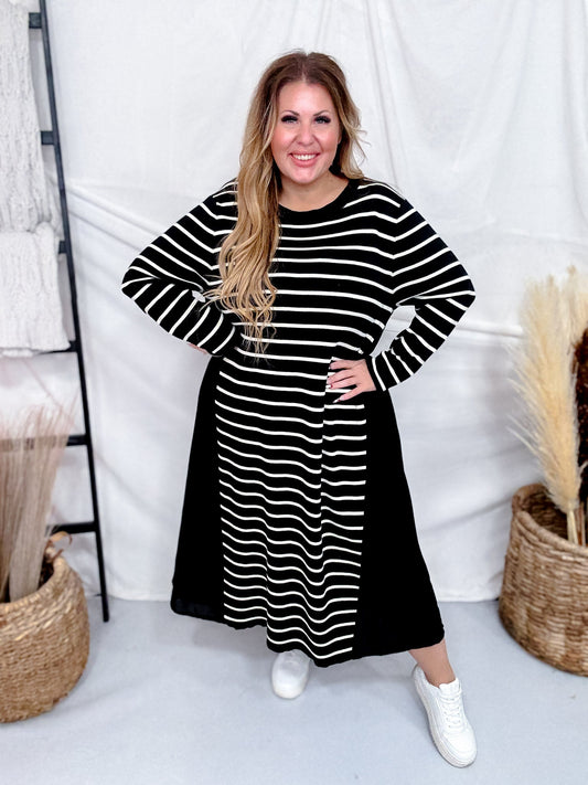 Black & White Striped Color Block Long Sleeve Dress FINAL SALE